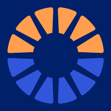 Circular logo with orange and blue segments, on a dark blue background.