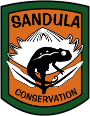 A logo for sandula conservation with a chameleon on a flower