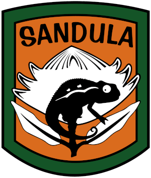 A logo for sandula with a chameleon on a leaf