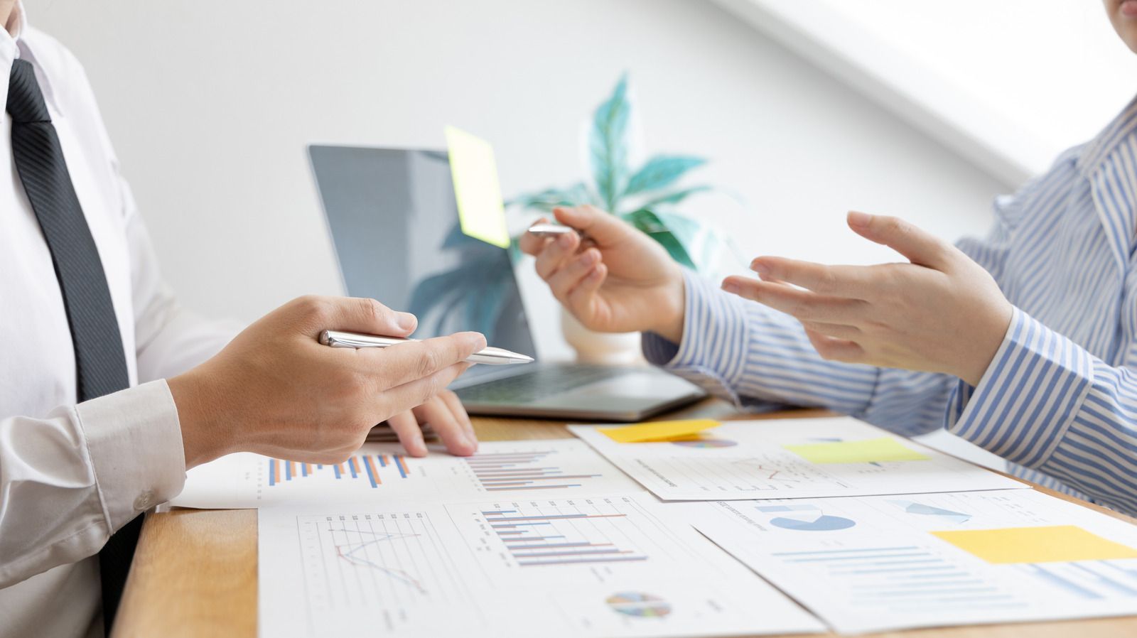 Two people at desk discussing papers, one holding a card, laptop and plant in background.