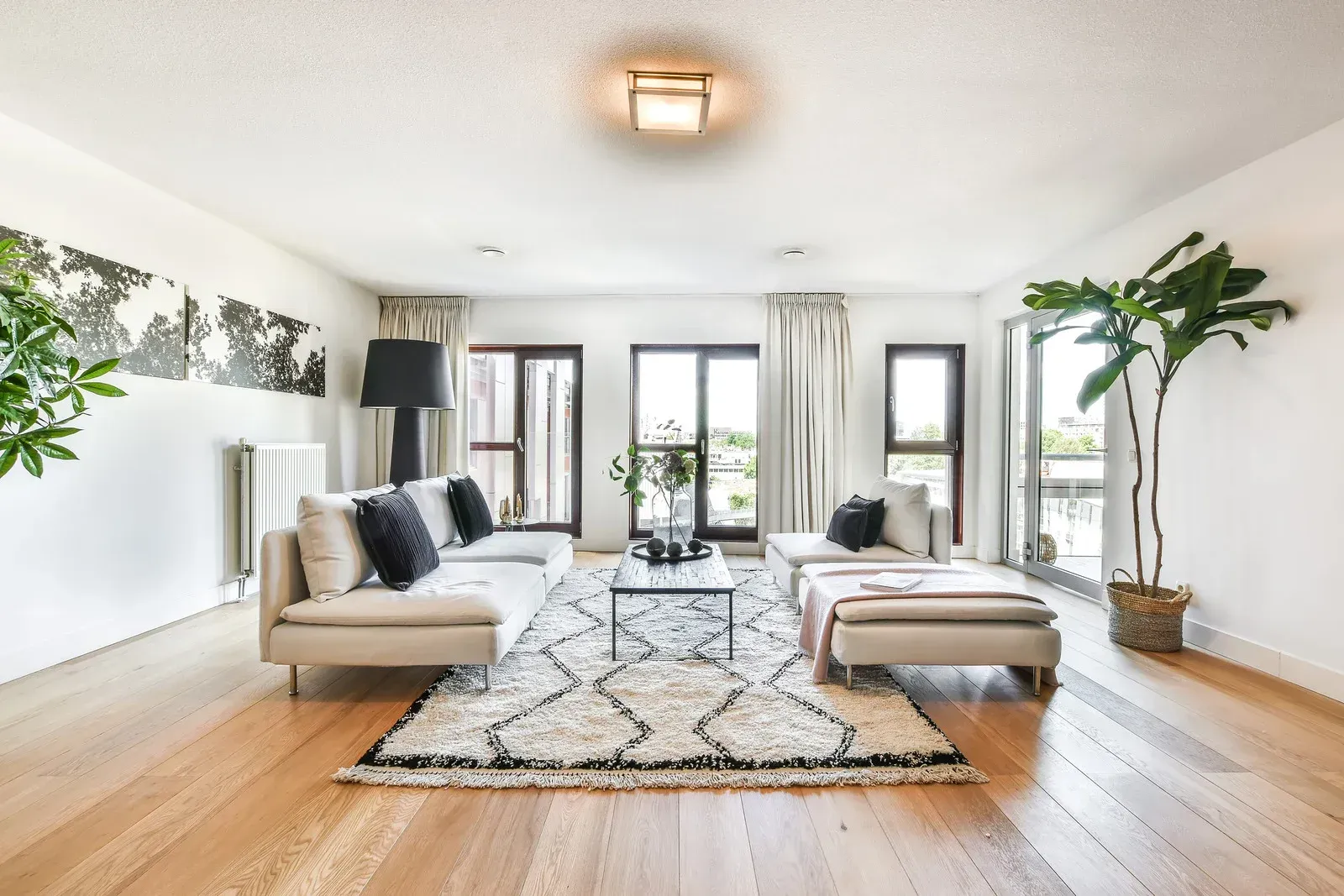 Modern living room with light wooden floors, white walls, and a patterned rug.