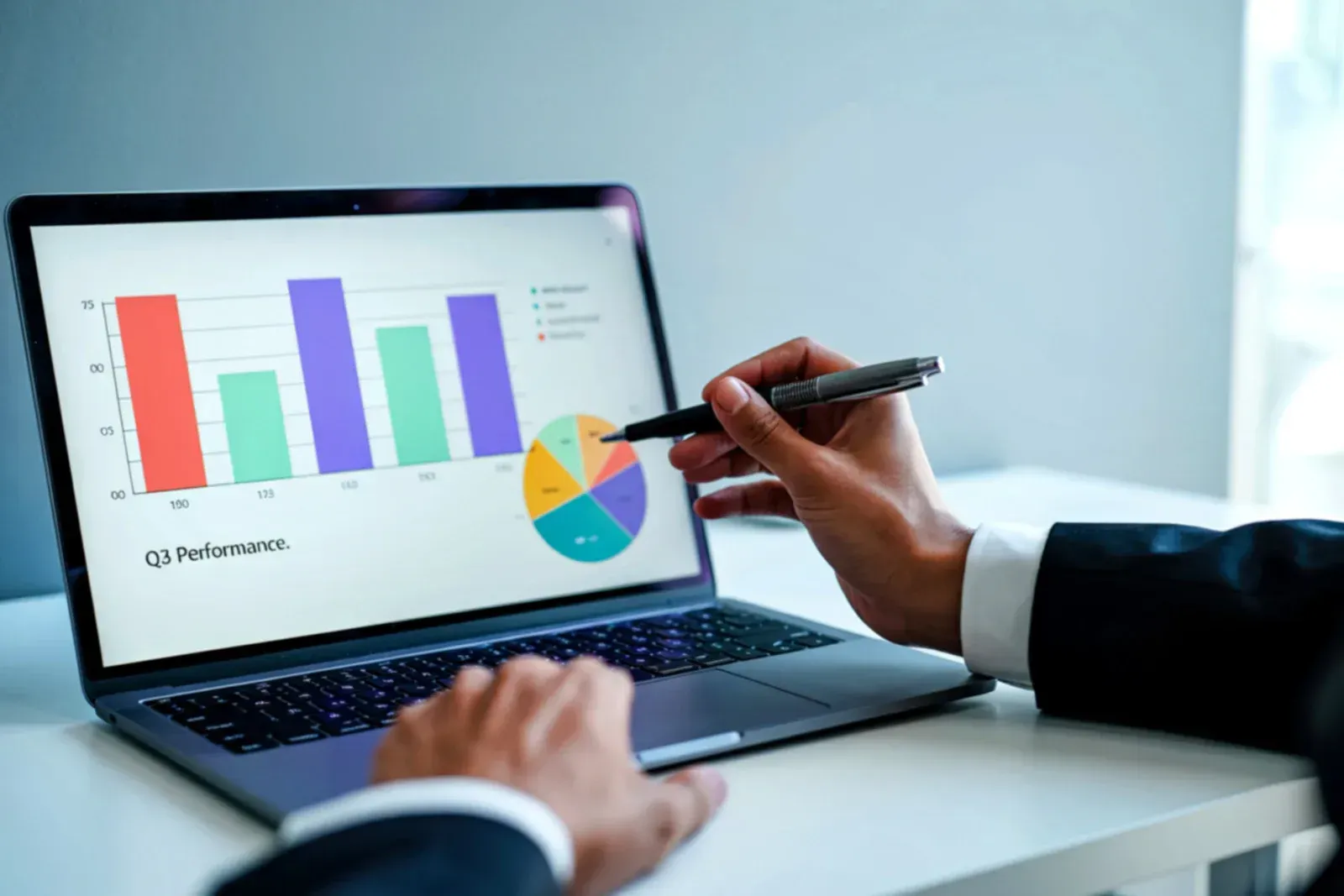 Person in suit pointing at a laptop screen with bar and pie charts, possibly analyzing data.