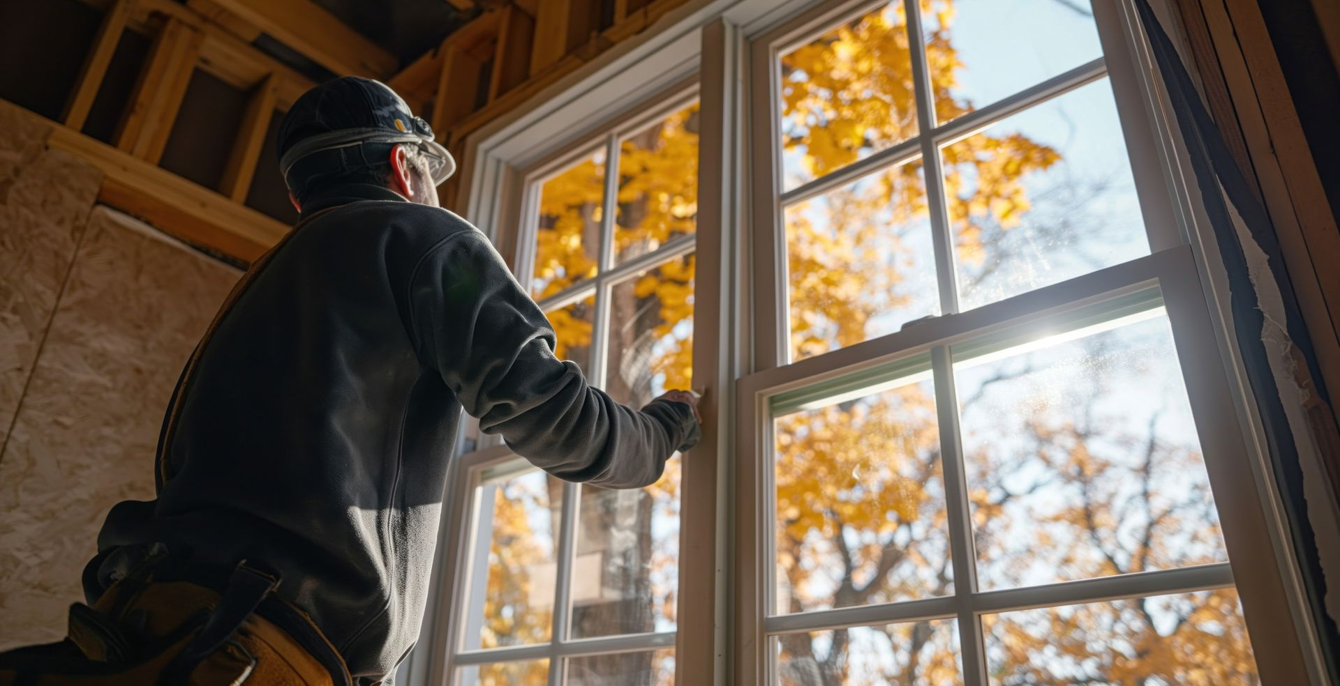 Construction worker looking out of a newly installed window, framed by fall foliage.