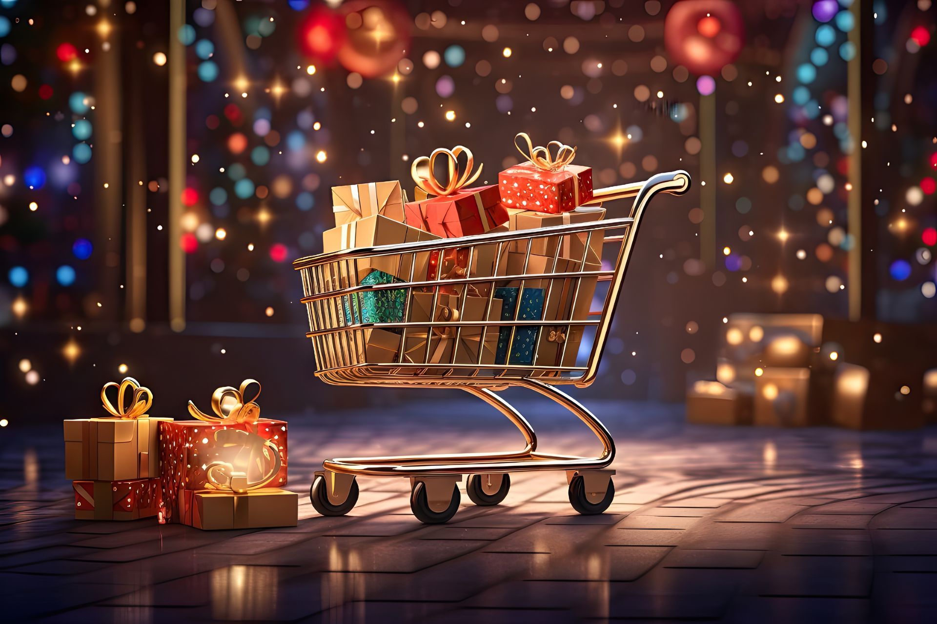 Golden shopping cart filled with presents, decorated with bows, in a festive, sparkling setting.