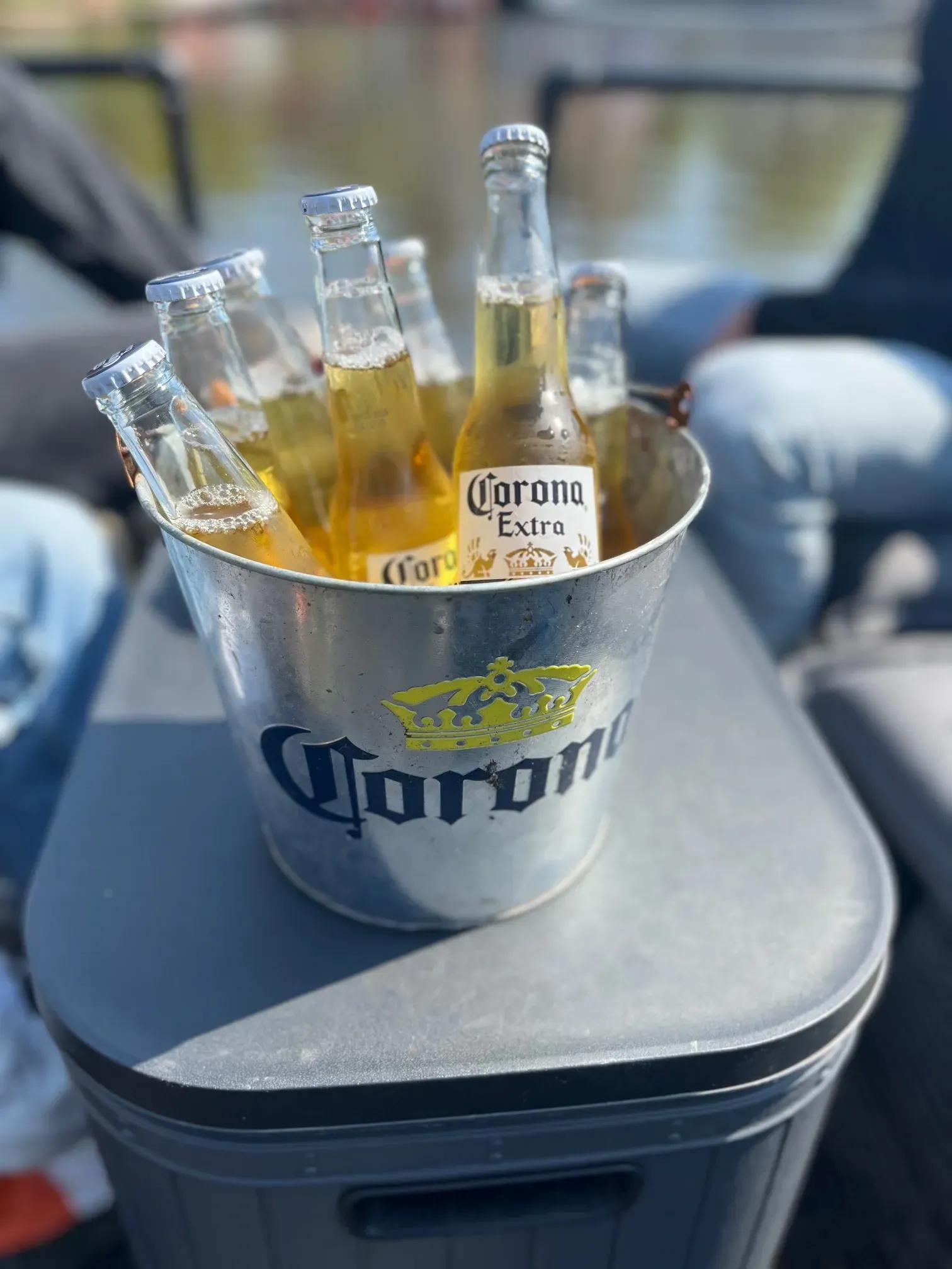 Er staat een emmer coronabier op tafel.