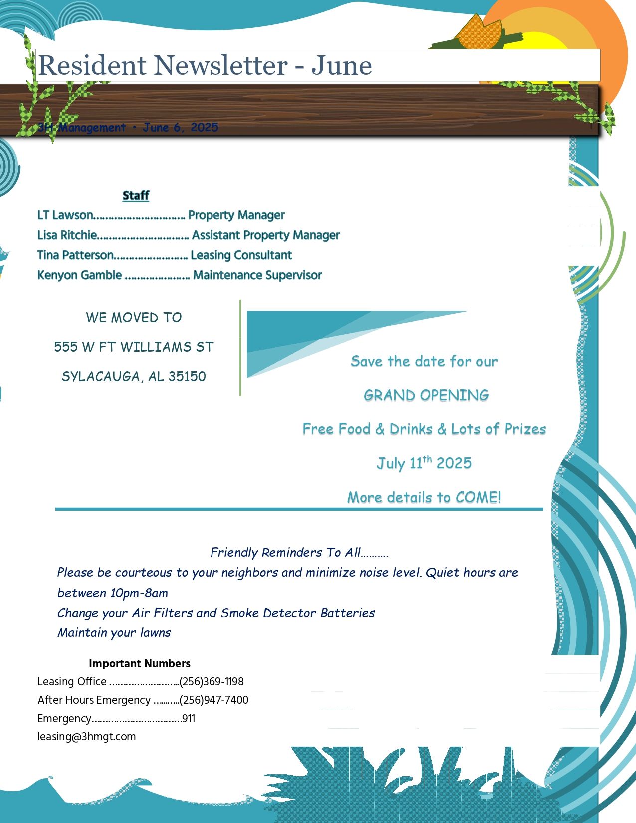 A resident newsletter for june is shown on a white background.