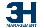 A blue and white logo for 3H Management