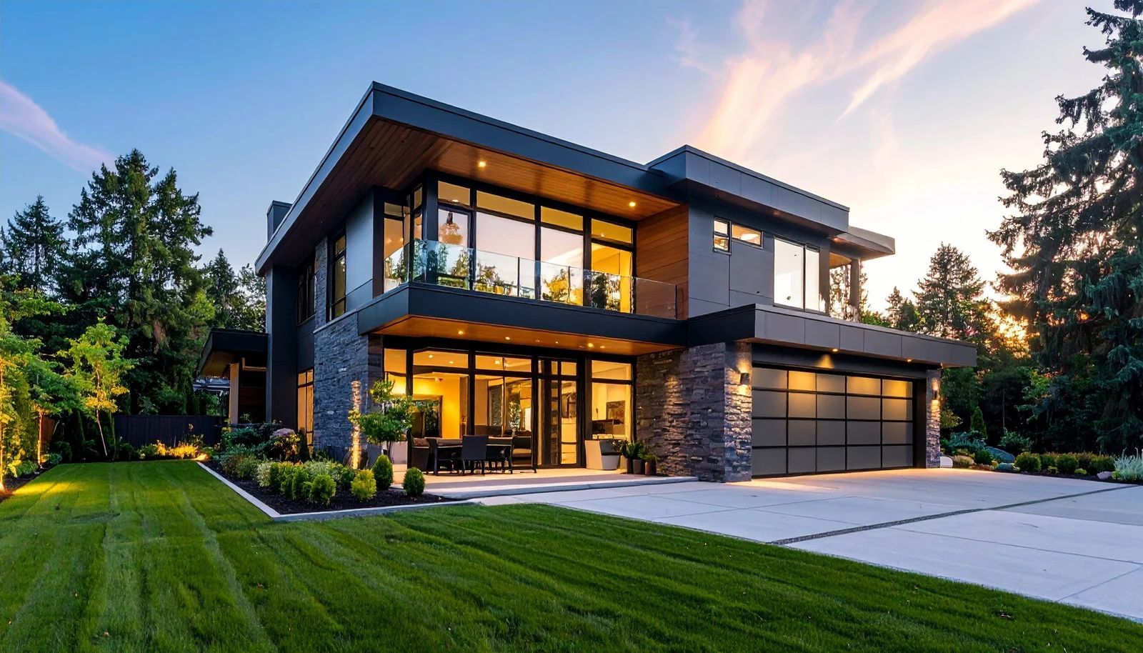 Modern two-story house with stone and dark accents, large windows, and manicured lawn. Evening setting.