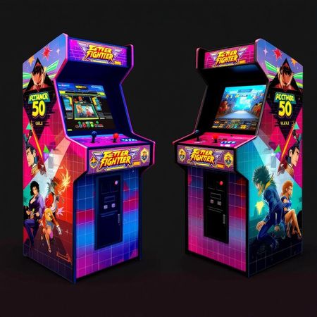 G&G Arcade Custom Cabinets | two arcade machines are sitting next to each other on a black background.