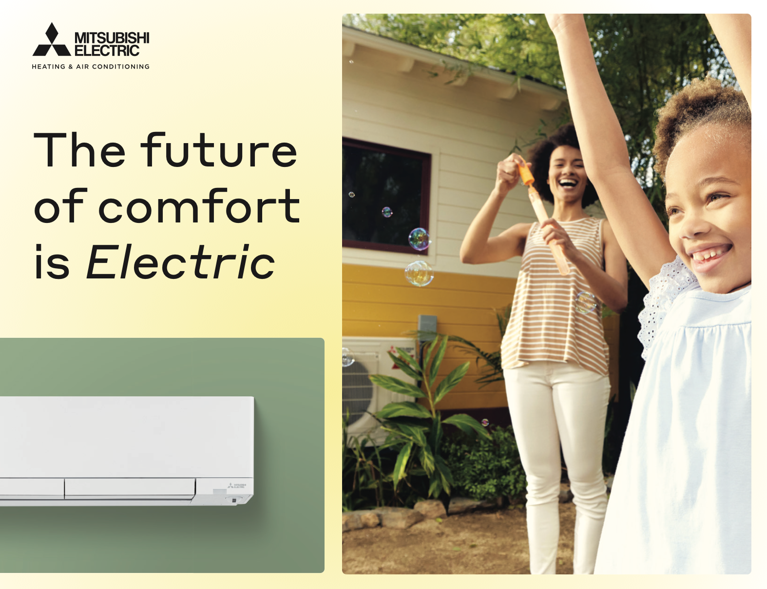 Advertisement: Woman blowing bubbles with a child, near a yellow house. 