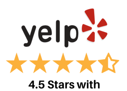 Yelp logo with 4.5-star rating; text 