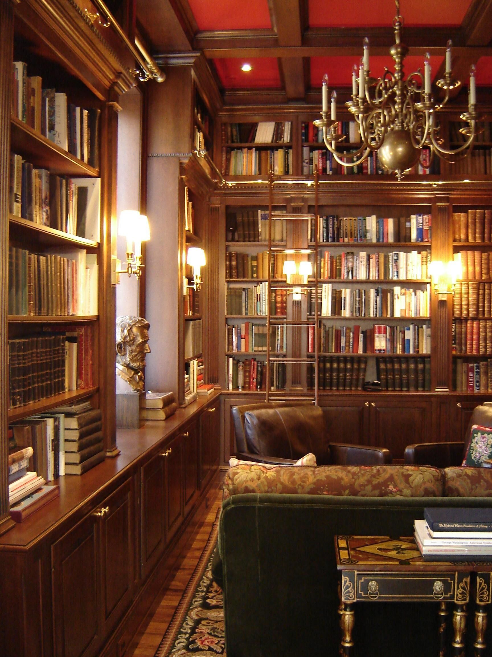 Cozy library with dark wood bookshelves filled with books, a green sofa, and a red ceiling.