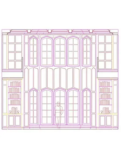 Architectural drawing of a large Gothic-style window wall with arched windows and built-in bookshelves.