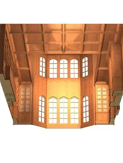 Interior view of a wooden paneled room with arched windows; light shines through.