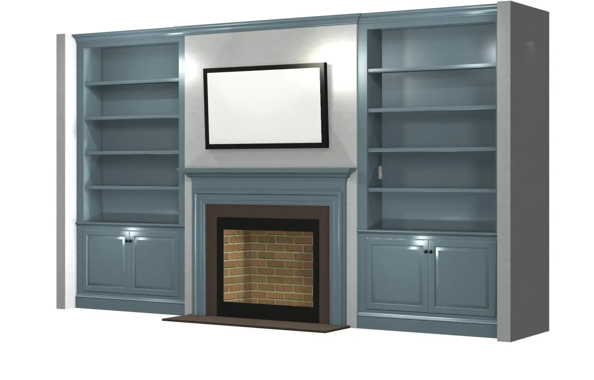 Blue built-in bookshelves, fireplace with brick, and TV centered on a light-colored wall.