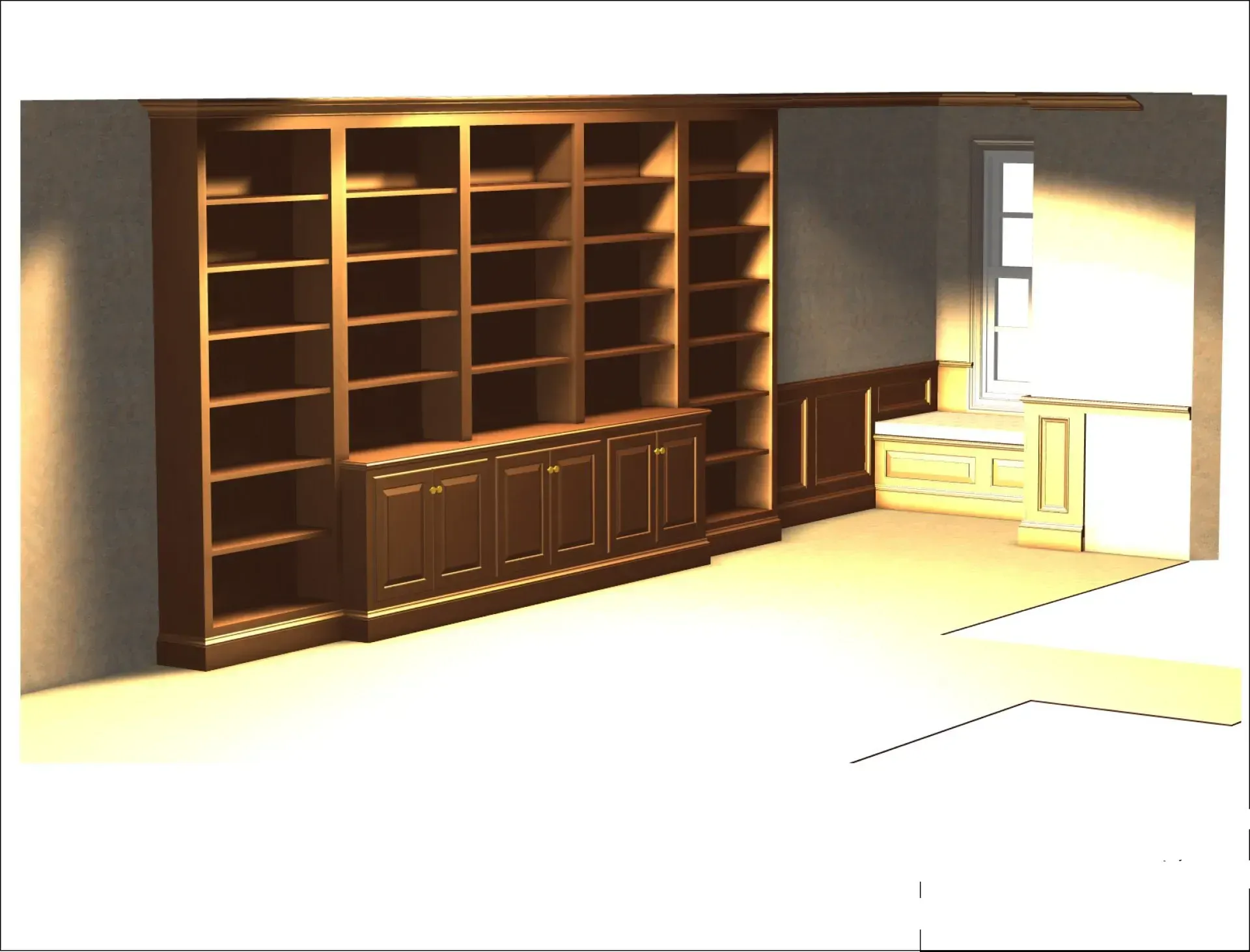 Built-in wooden bookcase with cabinets below, beside a window seat in a light-filled room.