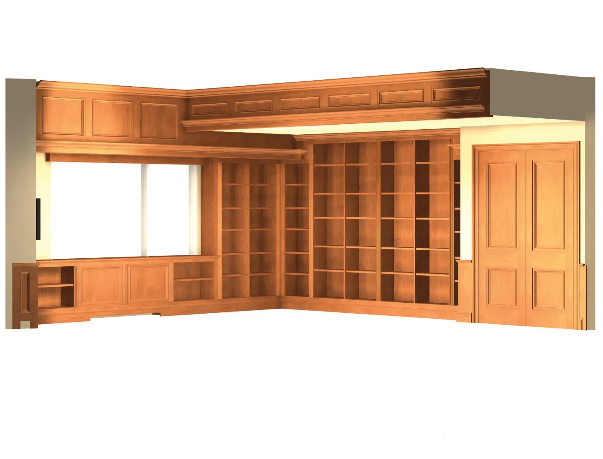 Corner library with built-in wooden bookshelves, window, and door.
