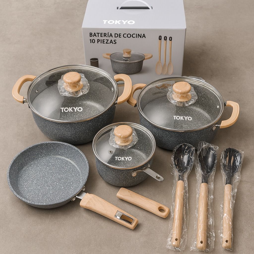 Un juego de utensilios de cocina Tokio de 10 piezas con ollas y sartenes moteadas de gris, mangos de madera y utensilios.