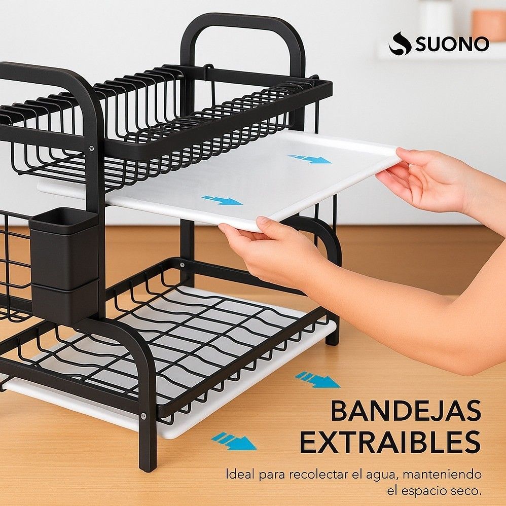 Escurreplatos negro con bandejas blancas extraíbles; una persona saca una bandeja. Texto: "Bandejas extraíbles".