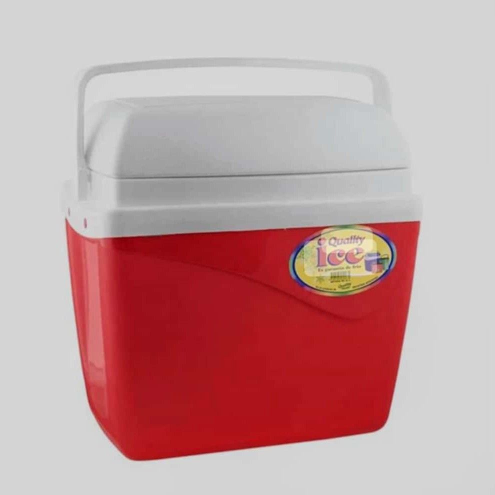 Nevera roja y blanca con asa, con capacidad para hielo y bebidas.