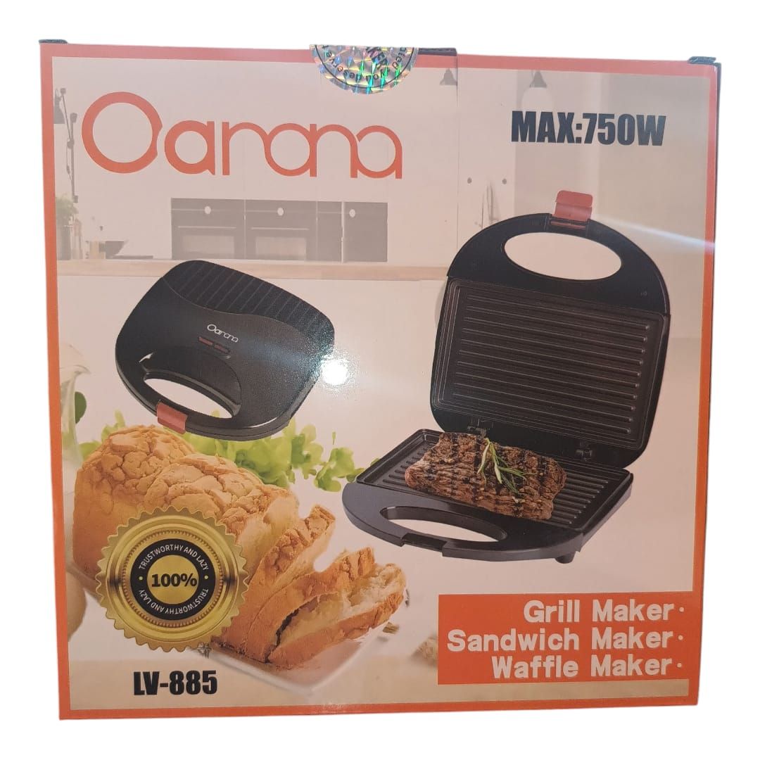 Caja para parrilla, sandwichera y waflera Oarana, LV-885. Electrodoméstico negro, abierto y cerrado, con comida.