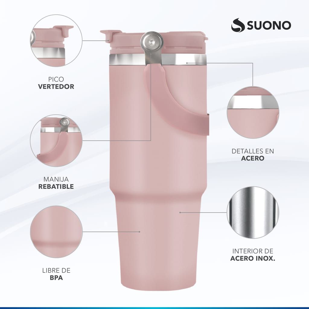 Vaso térmico de color rosa con detalles de acero inoxidable, tapa, asa y características a prueba de derrames.