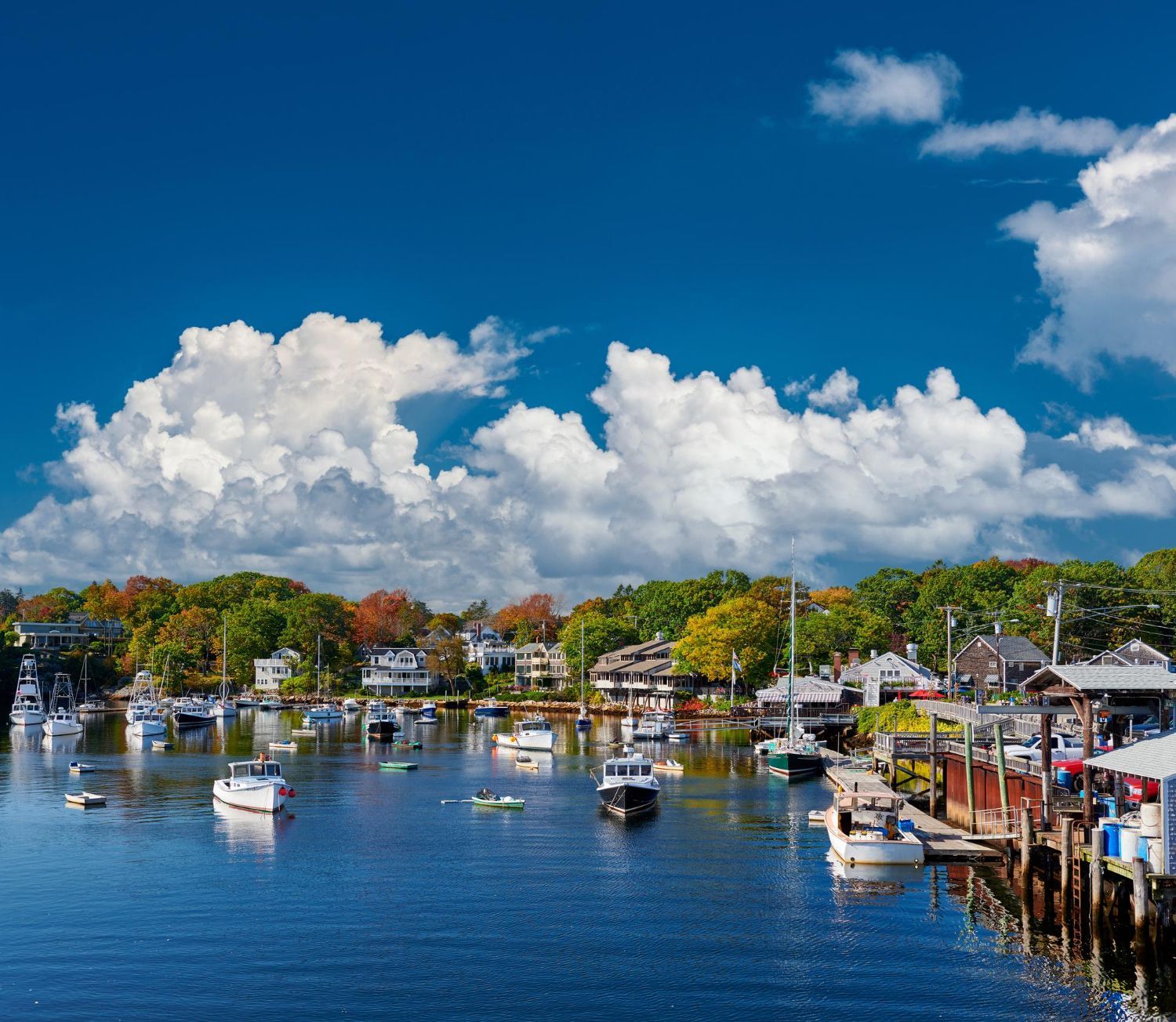Boats docked in harbor under a blue sky with fluffy white clouds, surrounded by fall foliage.