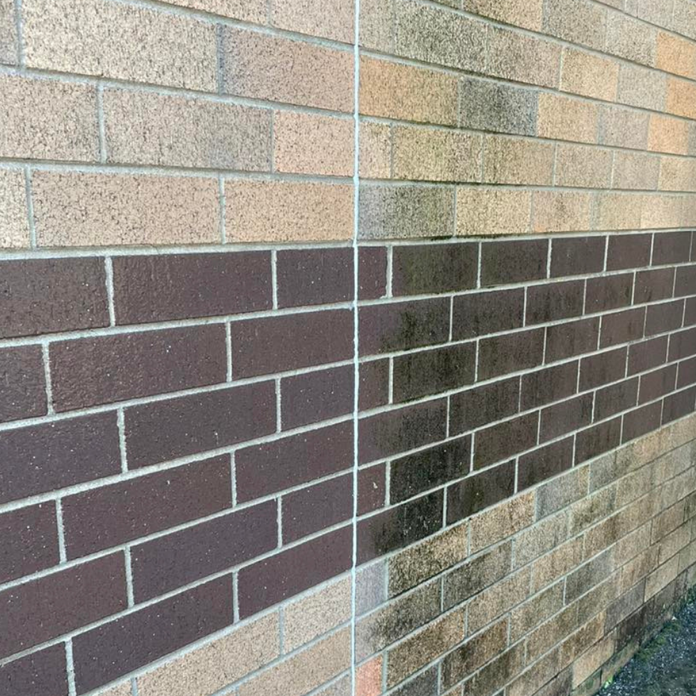 A brick wall is shown before and after being cleaned.