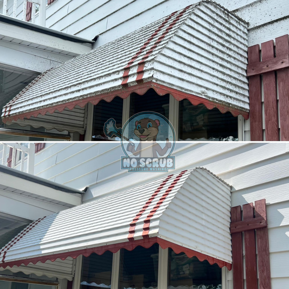 A before and after picture of a window awning on a house