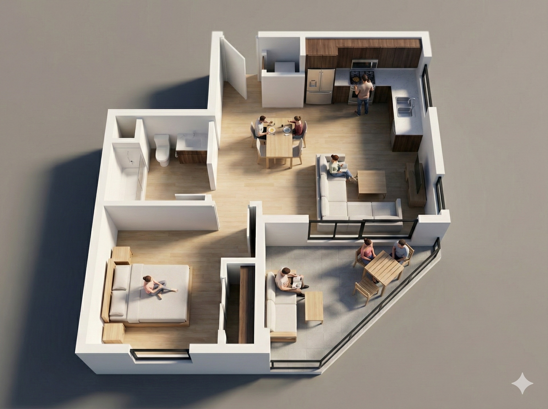 Bird's eye view floor plan of a small apartment. Includes living, kitchen, bedroom, and bathroom spaces.