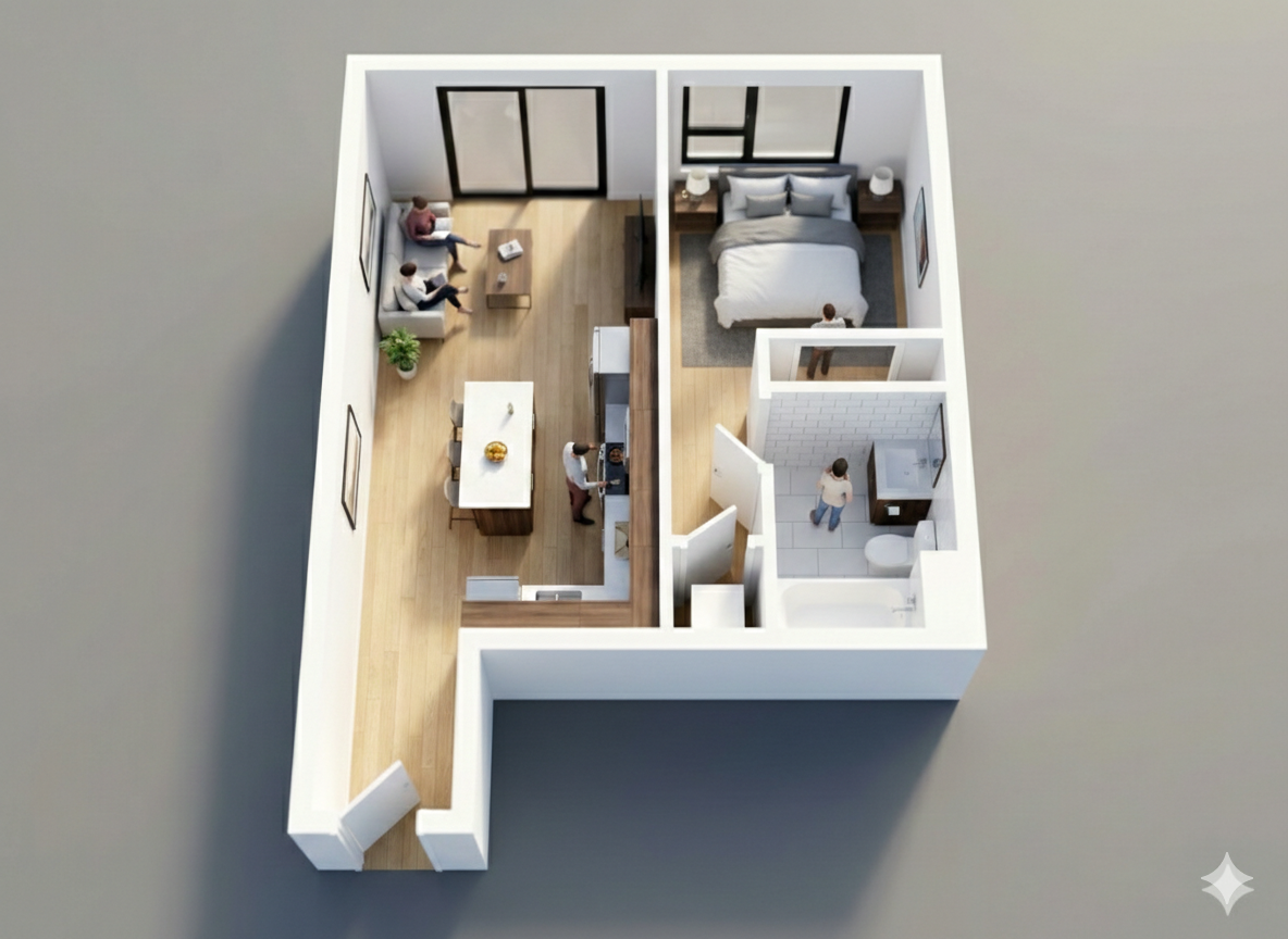 Top-down view of an apartment floor plan, with two bedrooms, a kitchen, living and dining area.