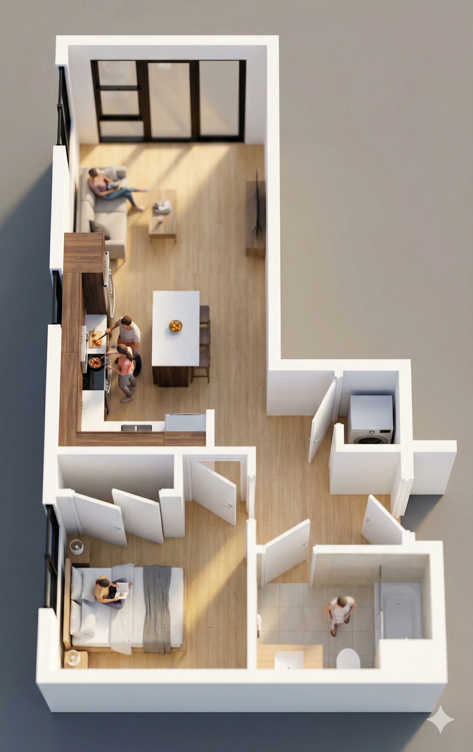 3D floor plan of a small apartment with kitchen, living area, bathroom, and balcony.