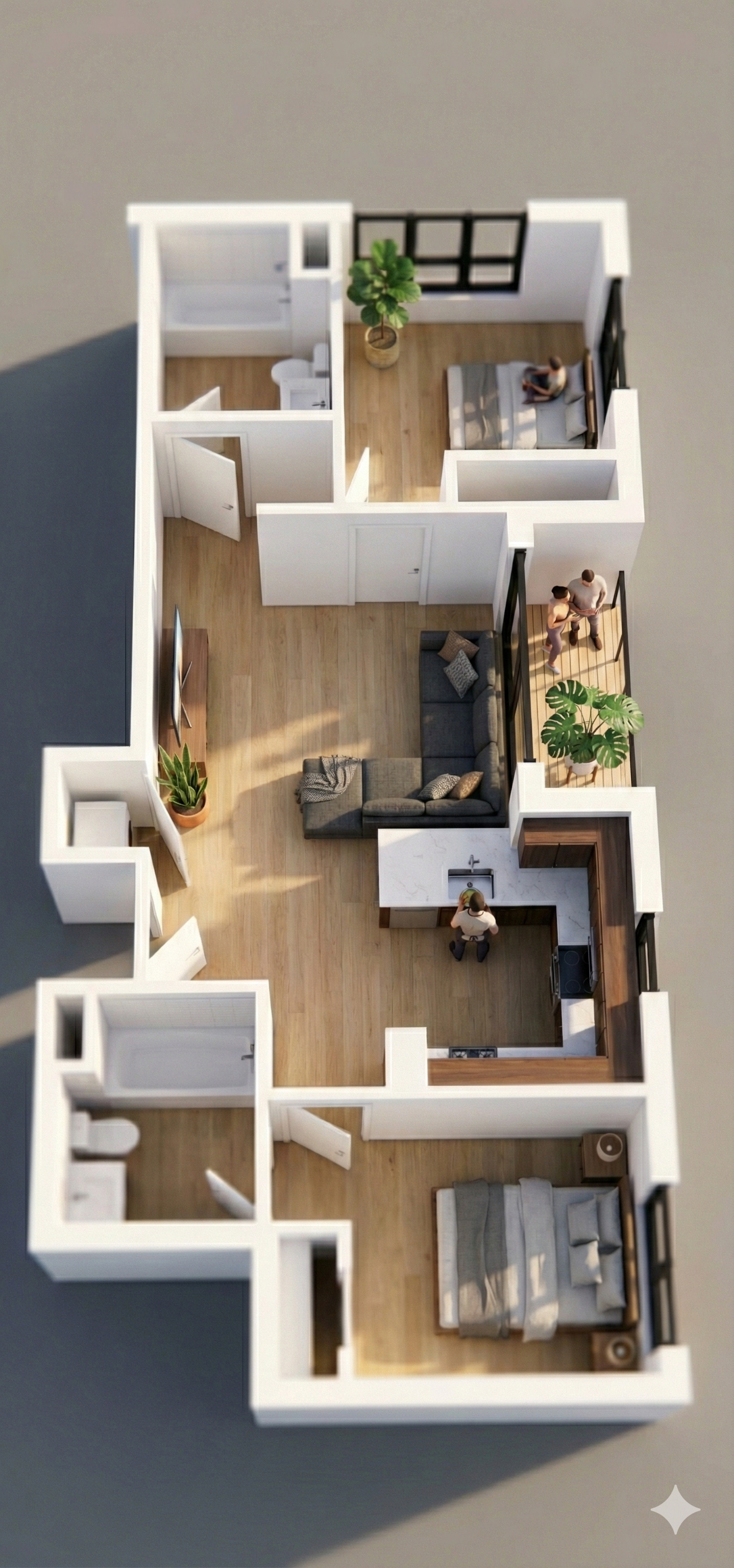 Top-down view of an apartment floor plan, with two bedrooms, a kitchen, living and dining area.