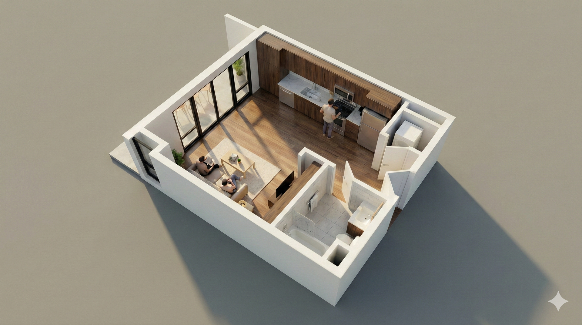 3D floor plan of a small apartment with kitchen, living area, bathroom, and balcony.
