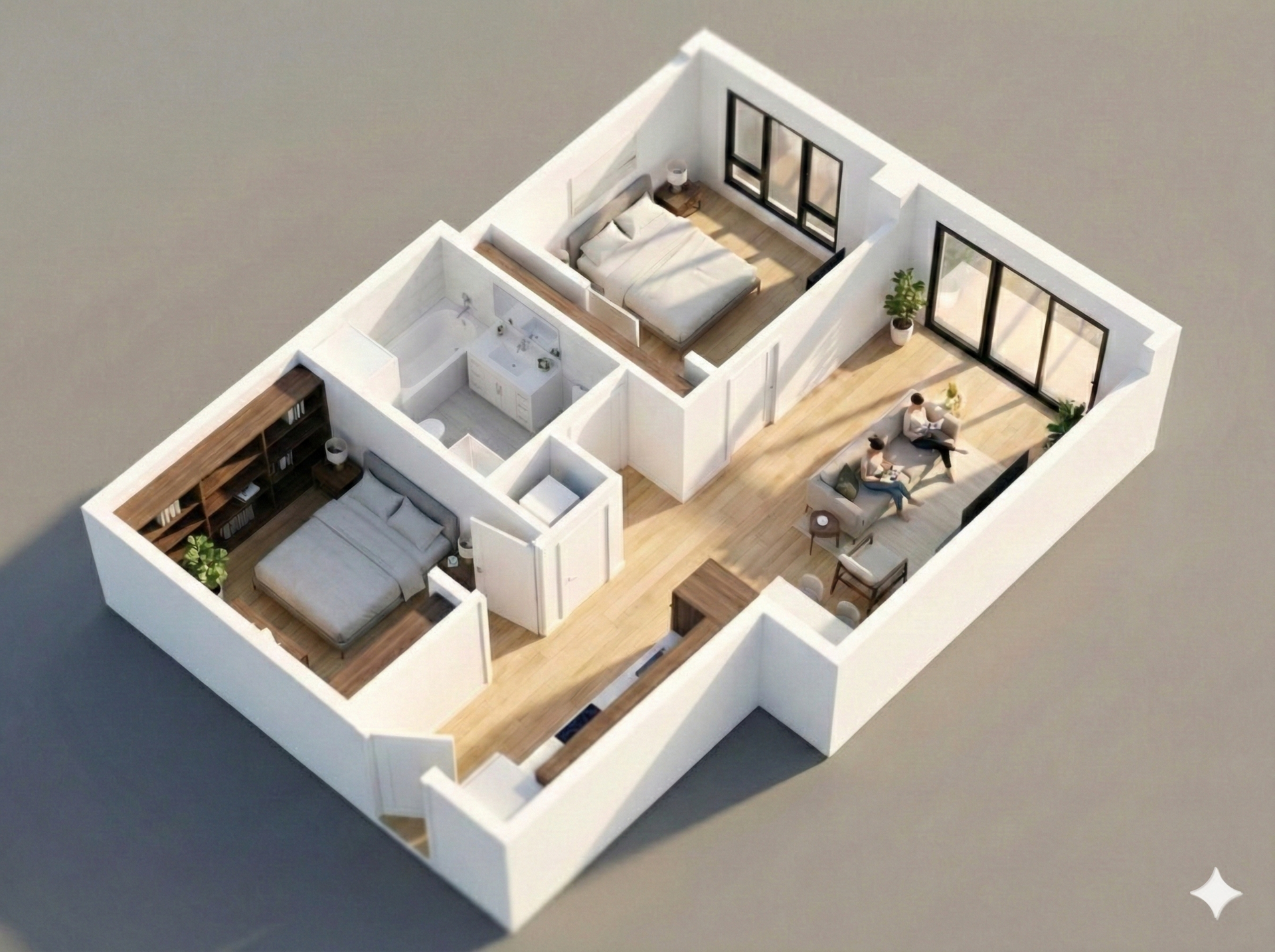 Bird's eye view floor plan of a small apartment. Includes living, kitchen, bedroom, and bathroom spaces.