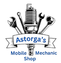 Astorga's Mobile Mechanic Shop logo. A spark plug with wrenches behind it, a banner with the company name.