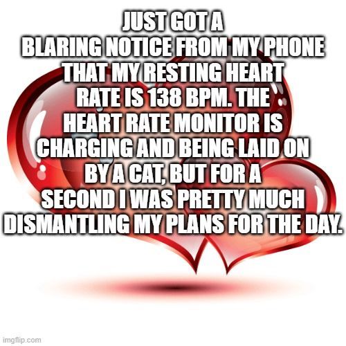 Text on heart-shaped graphic: User got high heart rate alert, blamed it on cat sitting on charging heart rate monitor.