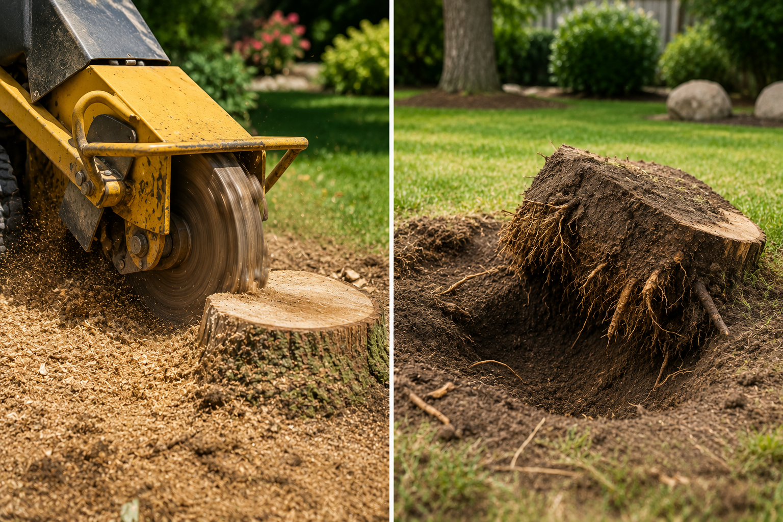 Soil trenching machine cutting around a tree stump, with the stump removed from the ground.