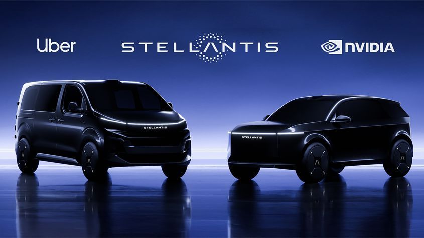 Two dark electric vehicles. Uber, Stellantis, and NVIDIA logos on a blue background.