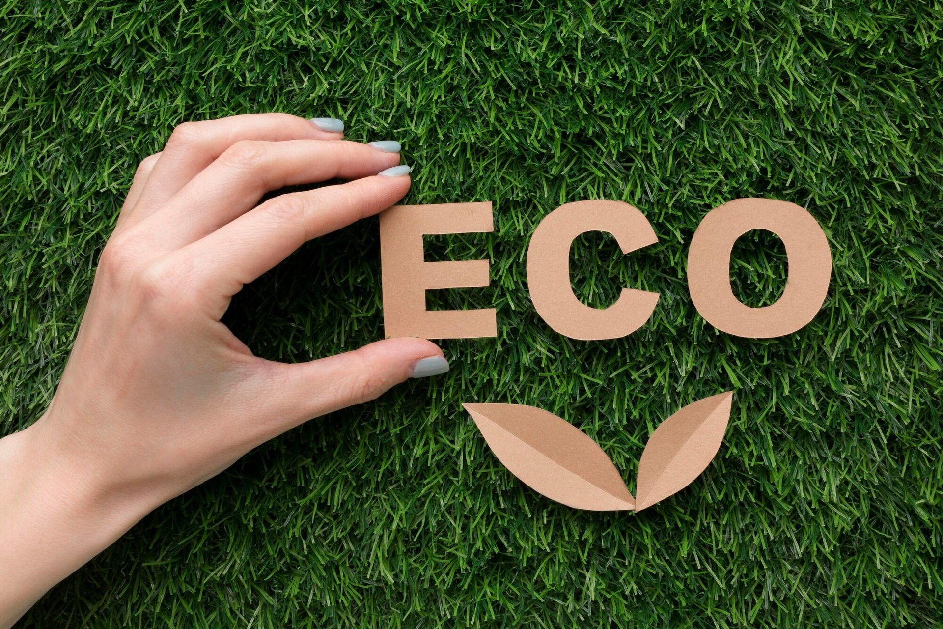 A woman 's hand is holding a piece of cardboard that says eco.