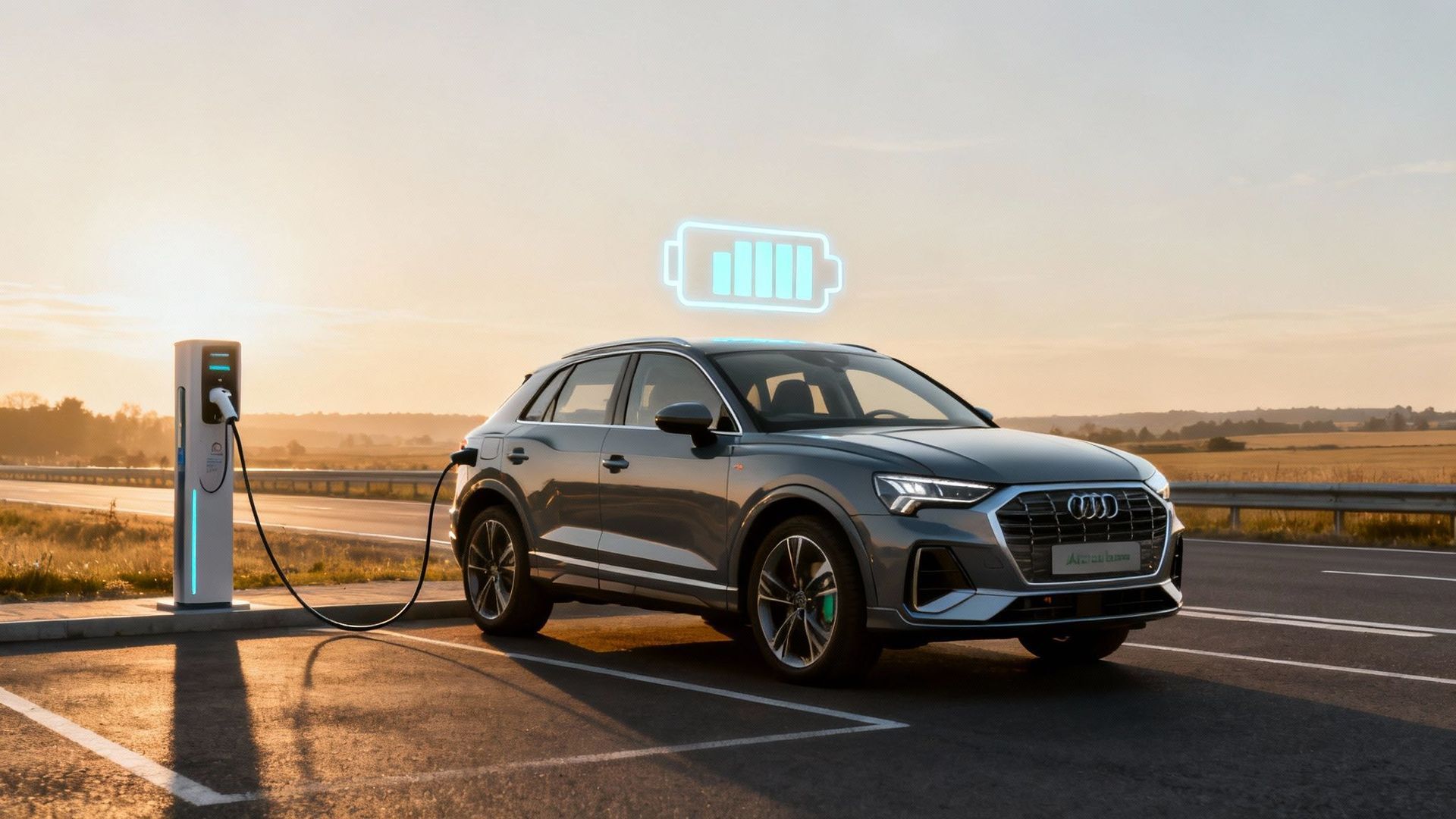 Gray Audi Q3 e-tron charging at a station, battery icon above car. Setting sun in background.
