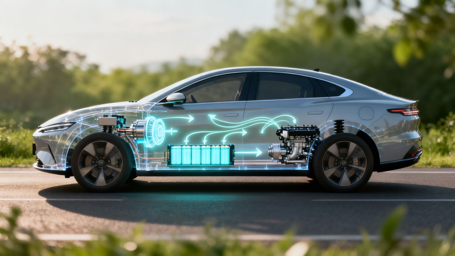 Transparent hybrid EV car, showing battery, motor, and energy flow on a road.