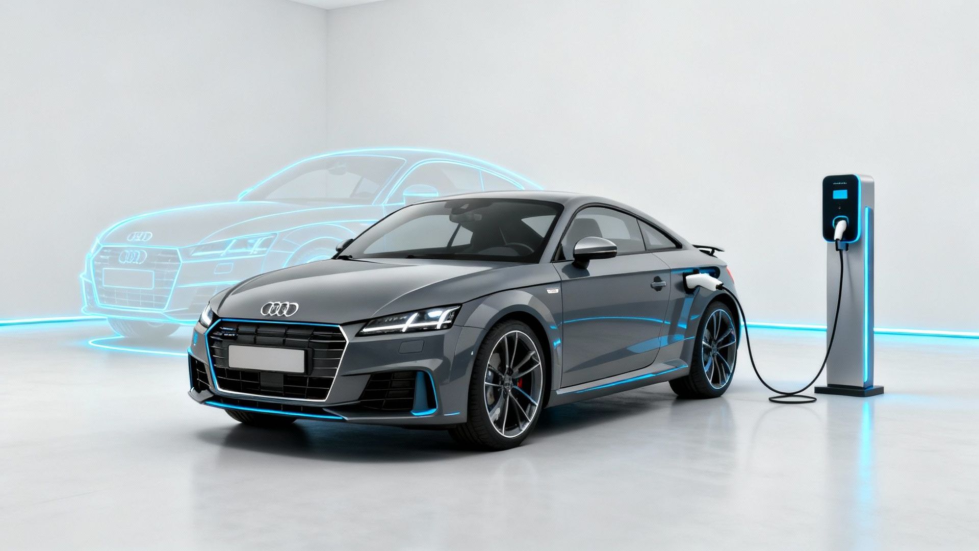 Gray Audi TT electric car charging at a station, with a digital outline of the car in the background.