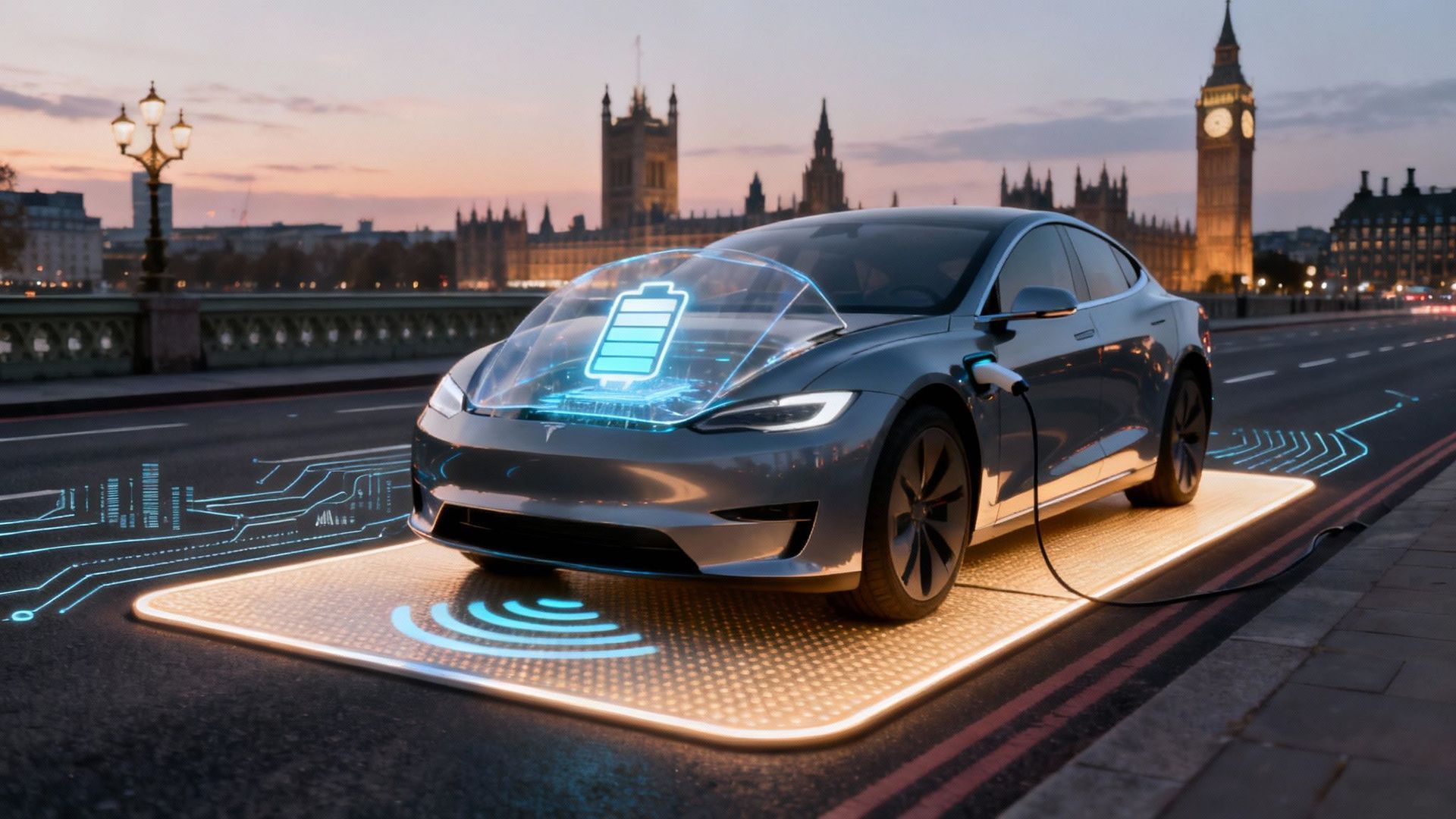 Tesla charging on a glowing pad in front of the Houses of Parliament and Big Ben in London.