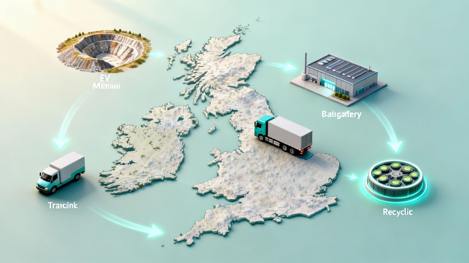 Circular supply chain on UK map: quarry to recycling plant, with trucks in between.