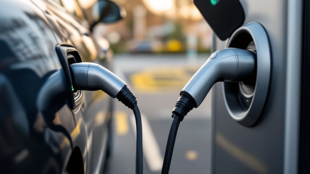 Electric vehicle charging: close-up of a car charging with two gray charging cables in an outdoor setting.