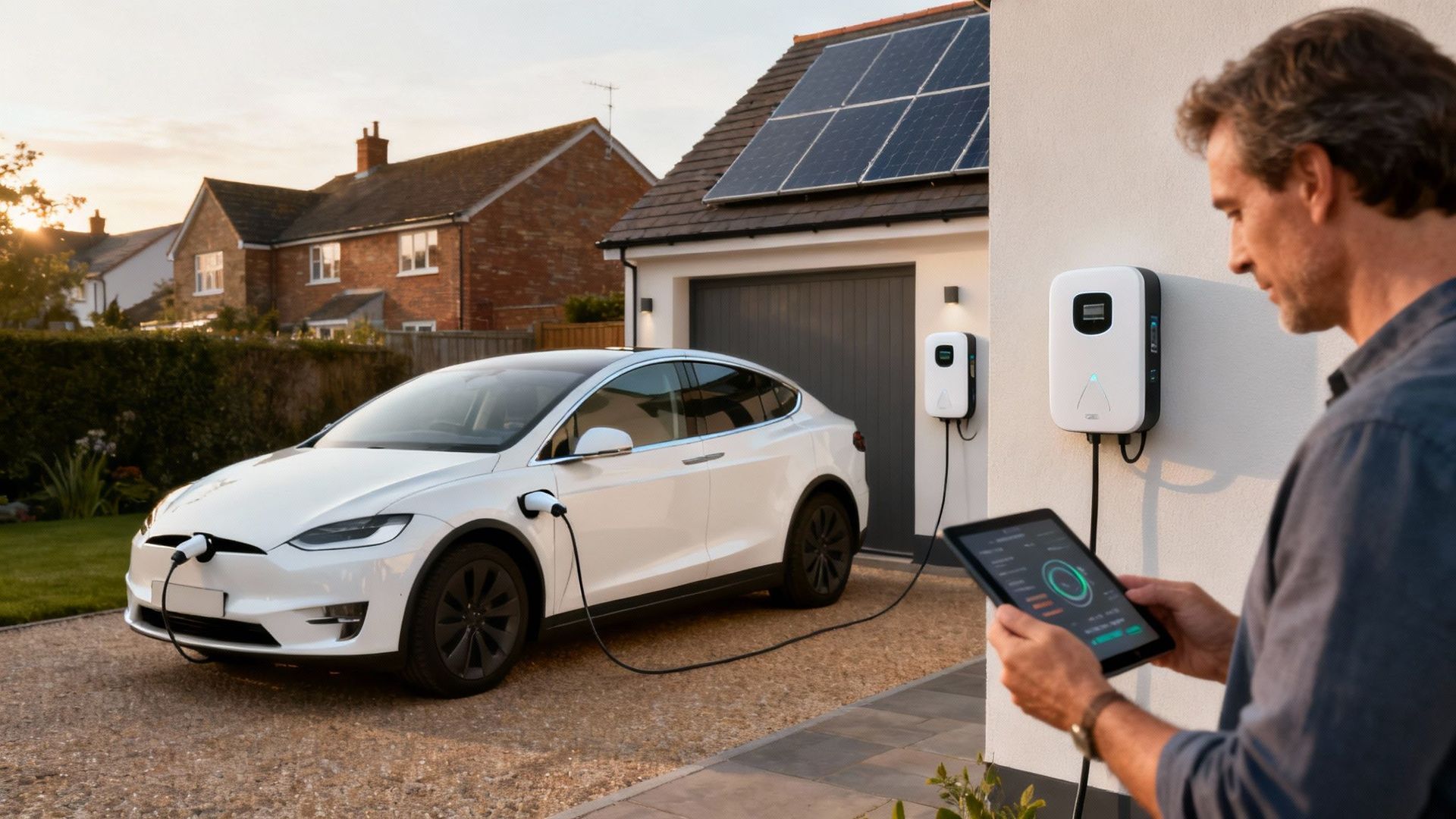 Man using tablet to charge white EV at home with solar panels.
