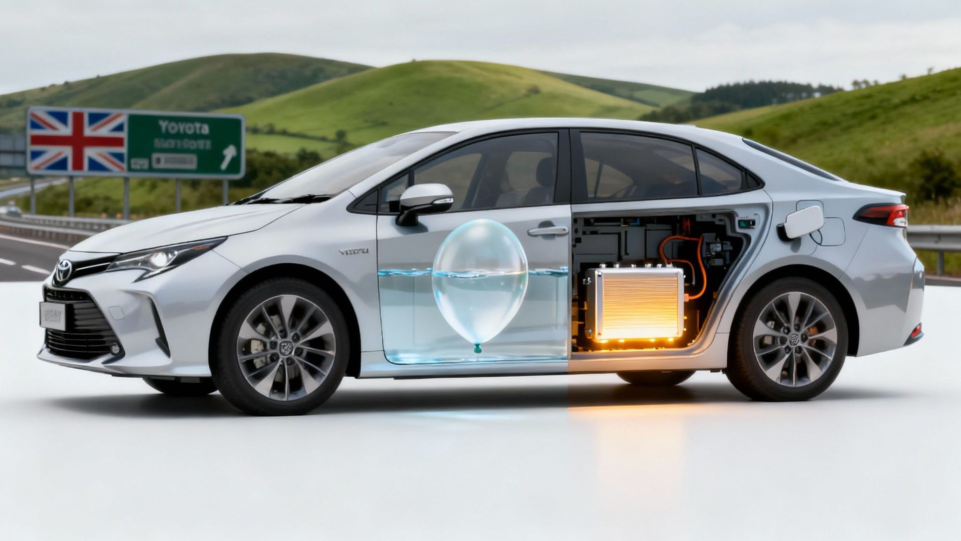 a side profile photo of a toyota EV with a balloon printed on the front door and a lit up battery printed on the back door