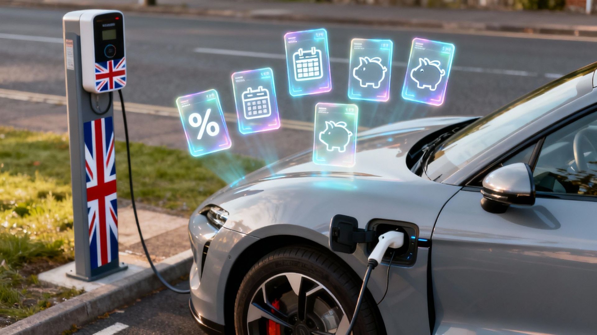 Electric car charging and leasing , UK charger with Union Jack, floating savings icons