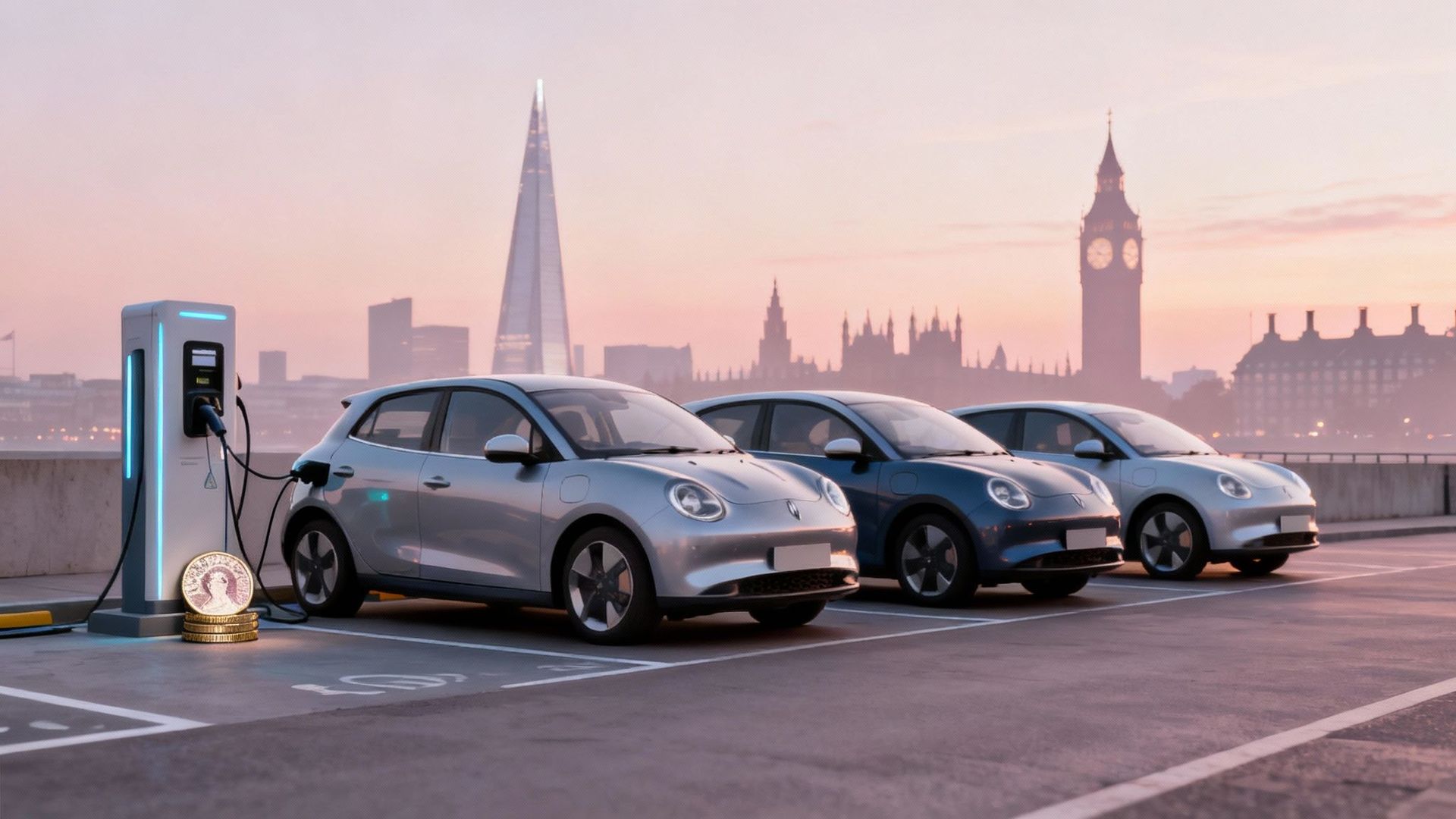 Three electric cars charging in London with The Shard and Big Ben in the background.